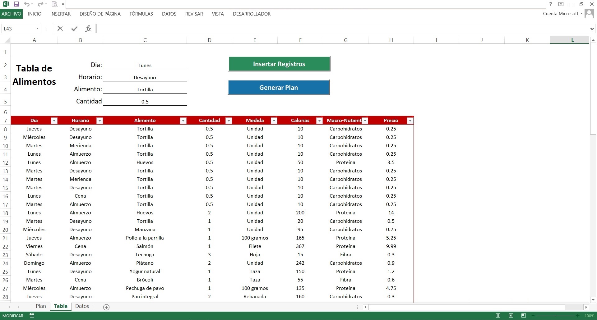 Una plantilla de Excel habilitada con Macros para registrar tu plan de alimentación. Registra los alimentos con sus calorias y precios por medio de un pseudo formulario y genera tu plan de alimentación semanal.