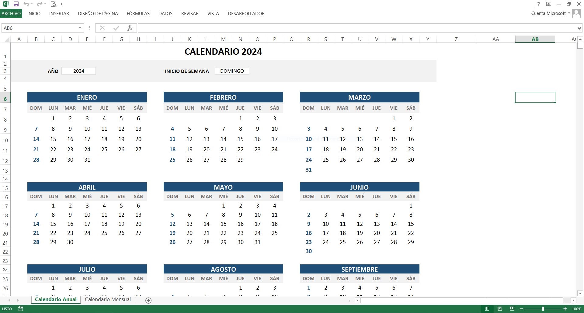 Plantilla de Calendario en Excel