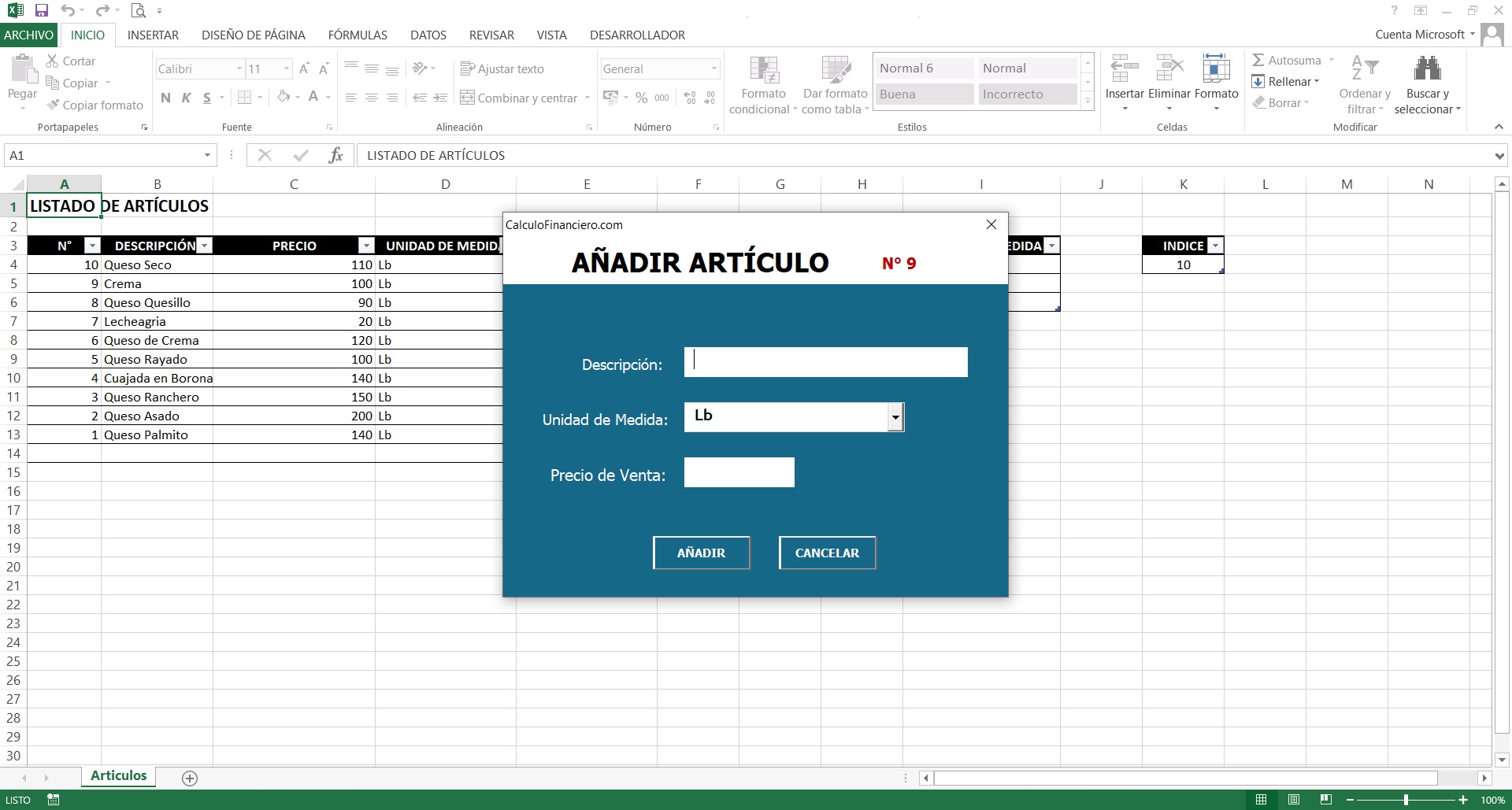 Plantilla de Excel para Registrar Articulos